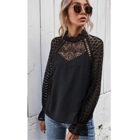 Black Guipure Lace Insert Top - Picture 2 of 13